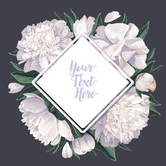 Background with white peonies flowers and leaves.Springsummer background with place for text. Frame made of peonies flowers and leaves. Hand drawn flowers in realistic style. Poster, template design.
