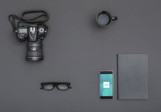 Smartphone with Camera and Assorted Objects Mockup