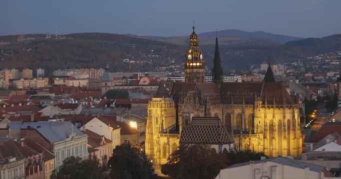 KOSICE, SLOVAKIA - OCTOBER 18, 2018: Top view of Kosice St. Elisabeth Catedral at sunset