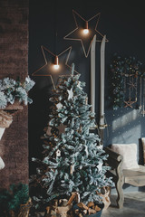 New year's interior, Christmas tree and gifts.