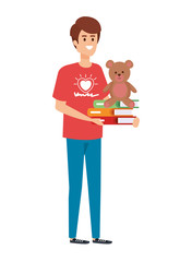 man volunteer with books and bear teddy