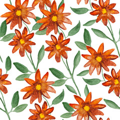 Orange flowers on branch plant, watercolor painting - floral seamless pattern on white background