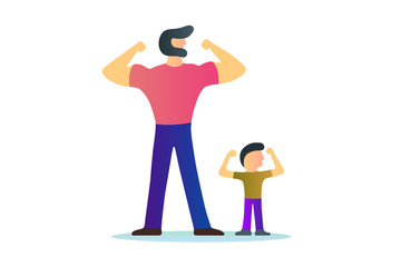 Hipster bearded strong man father bodybuilder fitness showing muscles biceps with sun. Vector illustration cartoon style modern flat white background