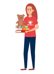 woman volunteer with books and bear teddy
