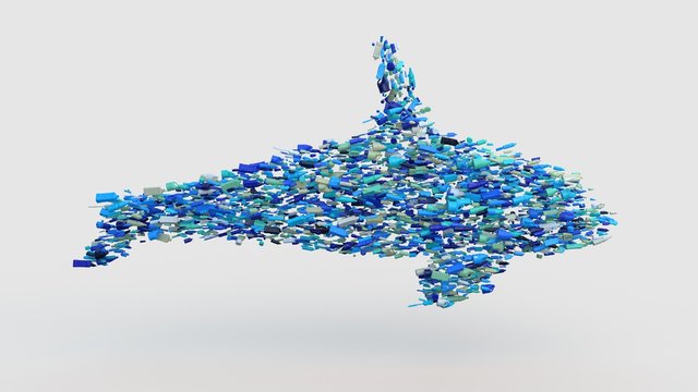 Killer whale made of ocean plastic garbage, different types of bottles underwater, environmental problem of plastic waste pollution in ocean