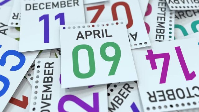 Calendar page shows April 9 date. 3D animation