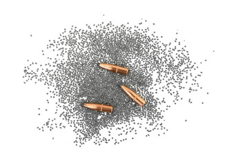 A rifle bullet with gun powder isolated on white.