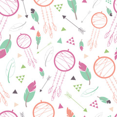Vector White Dream Catcher and Feather Pattern.  Great for Wallpaper, wrapping paper, invitations and fabric. Surface Pattern