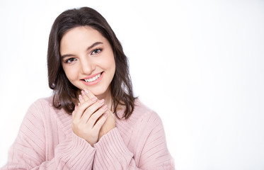 Fototapeta premium Portrait of young beautiful innocence caucasian woman over white background. Smile happy face asian girl wear winter cold cloth. Beauty treatment perfect clear skin makeup lifestyle concept banner