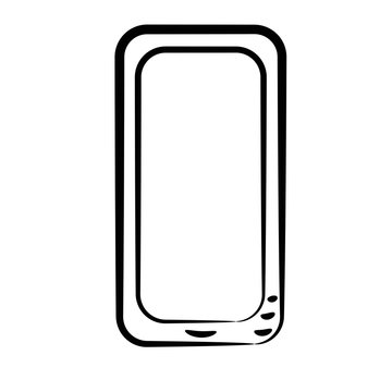 Mobile phone hand-drawn in black outline on a white background. Stock vector illustration. Settings. Icon. Sketch. Symbol.
