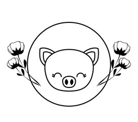 head of cute piggy in frame circular with flowers