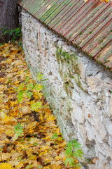 View of part of a white stone wall with clay tile skate. Orange and yellow leaves on an autumn day at the base of the wall.