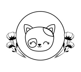 head of cute cat in frame circular with flowers
