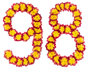 Numeral 98, ninety eight, from natural flowers of primula, isolated on white background