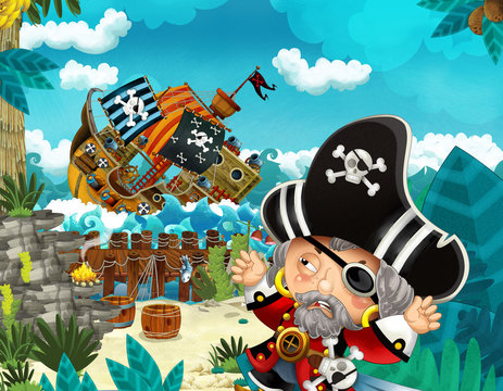 cartoon scene with pirates on the sea battle with sinking ship - illustration for the children