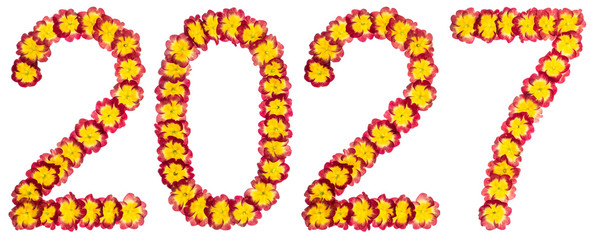 Inscription 2027, from natural flowers of primula, isolated on white background