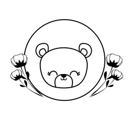 head of cute bear in frame circular with flowers