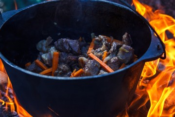 Bowler cooking food bonfire cauldron,  campfire wood.