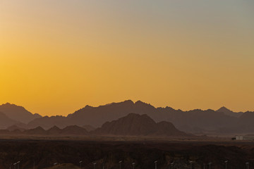 Sharm El Sheikh, sunset, outskirts of the city. Egypt. Mountains of the Sinai Peninsula.