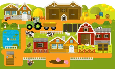 Wall murals cartoon scene with farm village and farm animals - illustration for children