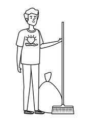 young man volunteer with garbage bag and broom