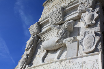 The Venetian Lion in Croatia. old venetian emblem in form of winged lion on the corner of ancient...
