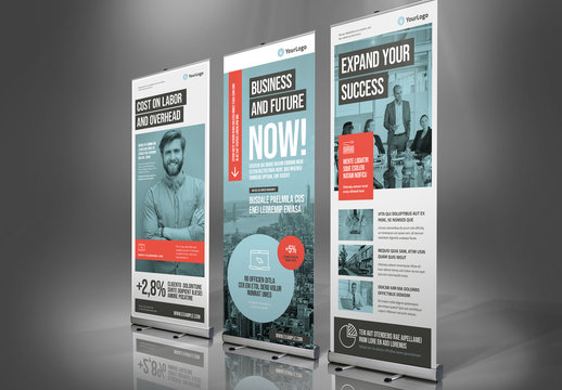 Blue and Gray Business Roll-up Banner Layout with Coral Accents