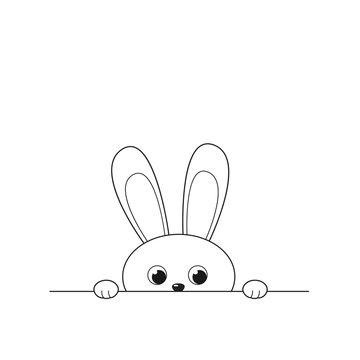 Outline of funny peeking bunny isolated on white
