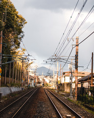 Fototapeta na wymiar Train Tracks at Bamboo forest at Arashiyama in Kyoto, Japan