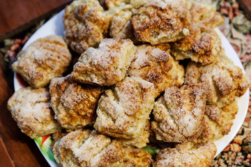 Closeup of homemade cookies ready to eat on wooden table