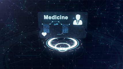 Abstract hologram. Medicine card with head shot and sign of heart rate, pressure and some other diagrams. Abstract blue background, full of light asterium. Card is over three glowing circles.