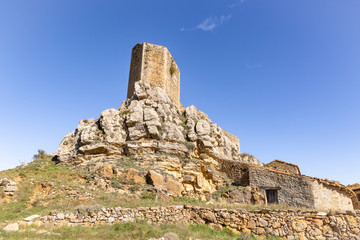 Fototapeta na wymiar medieval castle in Puertomingalvo village, province of Teruel, Aragon, Spain