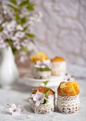 Easter cake. A traditional donut marble cake with an easter decor. Easter eggs and spring flowers.