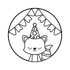 cute cat with hat party in frame circular