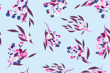 Obraz na płótnie Canvas Bright Floral Seamless Pattern. Vector Eucalyptus Leaves and Beautiful Blossom Elements. Colorful Botanical Summer Background. Floral Seamless Pattern for Wedding Design, Print, Textile, Fabric, Paper