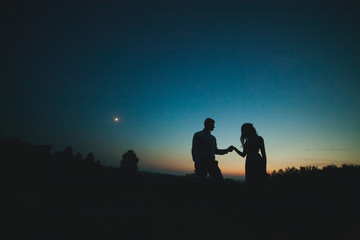 Silhouettes of a young couple on a sunset background, the moon in the sky. The bride and groom stand against the setting sun. The guy and the girl against the sky at sunset. The concept of love.