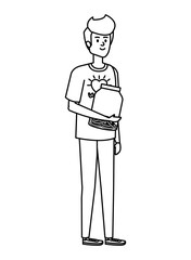 young man volunteer with donations coins in jar