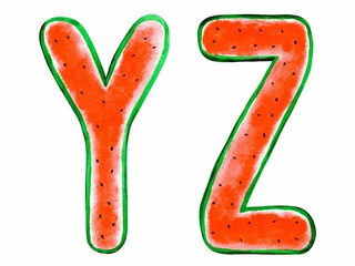 Aquarelle watermelon handwritten Latin (English and Spanish) letters: Y and Z. Isolated on a white background. Illustration. Summer tasty font.