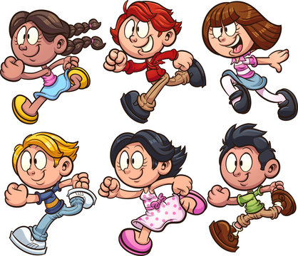 Happy cartoon boys and girls running clip art. Vector illustration with simple gradients. Each on a separate layer. 