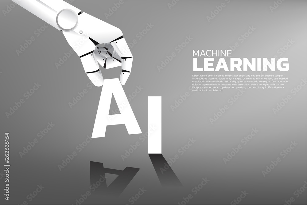 Poster Robot hand put A on AI word. Business concept for machine learning and a.i artificial intelligence