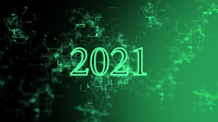 Animation of the Digital Network. Sign '2021'. Green wires, black and green gradient background