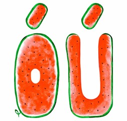 Watercolor Spanish vowels with an accent: O and U. Isolated on white background. Illustration. Summer tasty font from slice of watermelon.