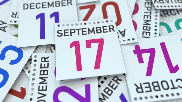 Calendar leaf with September 17 date, 3D animation