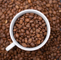 cup full of coffee beans resting over sack of coffee beans