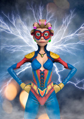 super mom with curly hair cartoon doing a ultra mega pose