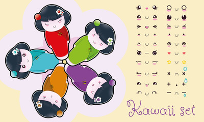 Kawaii set with vectors Japaneses dolls