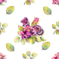 Fototapeta na wymiar Seamless pattern. Dark rose flowers, green leaves. Flower poster, invitation. Watercolor compositions for greeting card or invitation design.