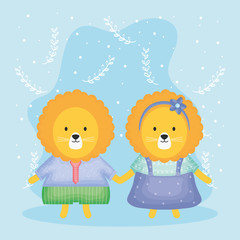 cute couple lions with clothes characters