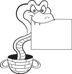 Fototapeta premium Black and white illustration of a cobra coming out of a basket and holding a sign.