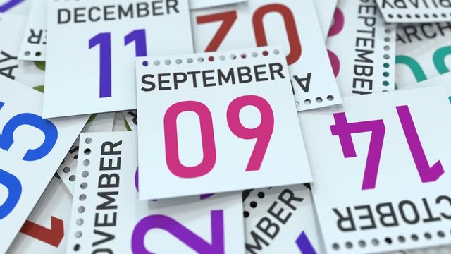 Calendar page shows September 9 date. 3D animation